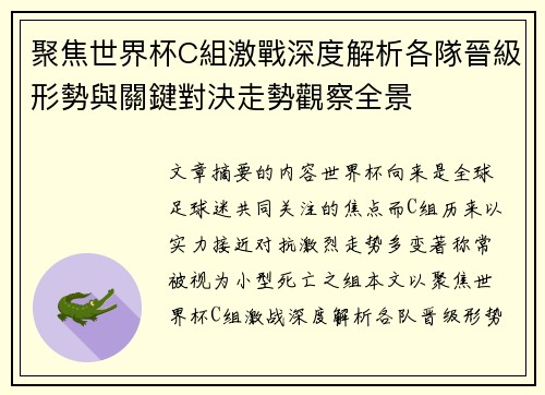 聚焦世界杯C組激戰深度解析各隊晉級形勢與關鍵對決走勢觀察全景 聚焦世界杯C組激戰深度解析各隊晉級形勢與關鍵對決走勢觀察全景
